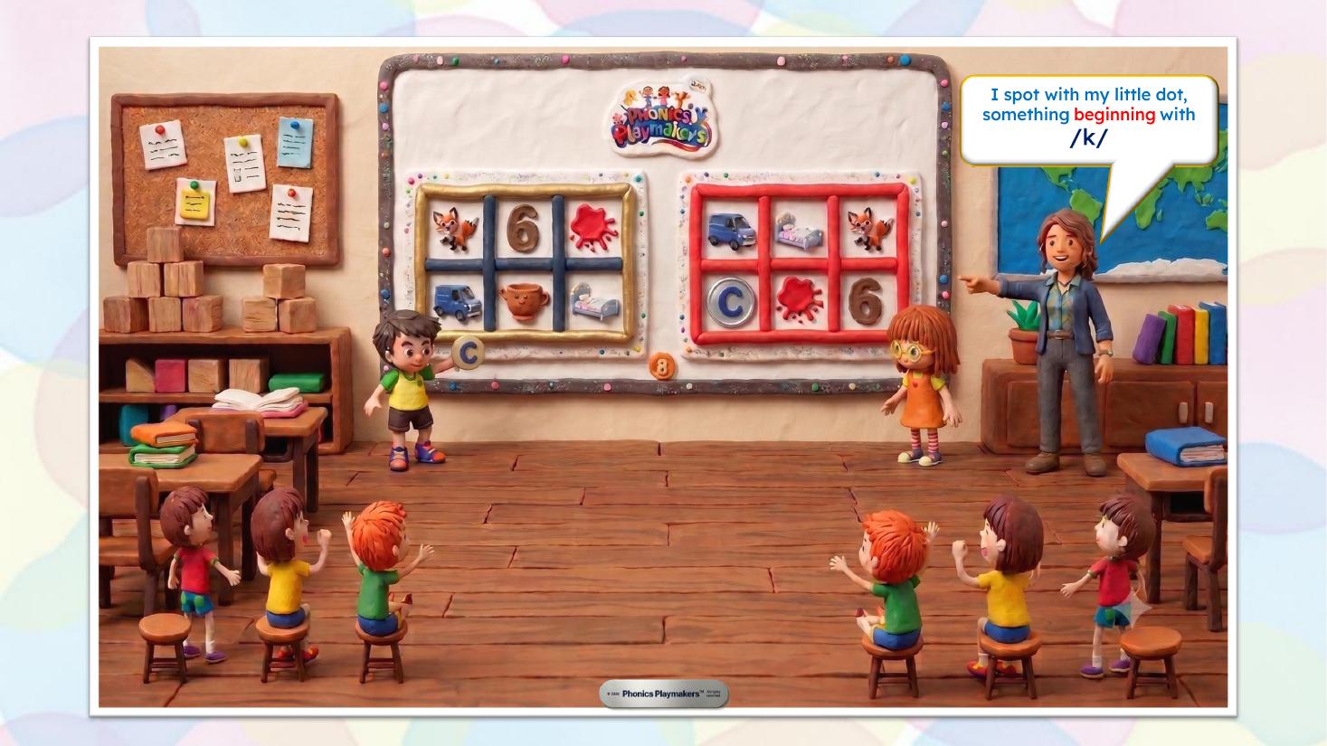 Illustration of two teams playing I Spot With My Little Dot at the whiteboard, racing to place a dot on the picture beginning with the called sound