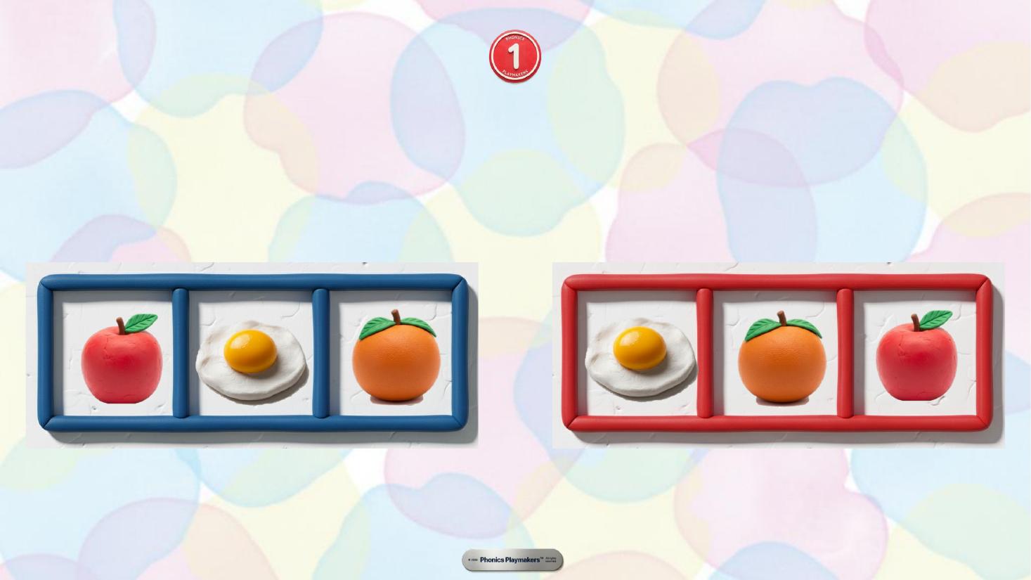 Level 1 round with three pictures to choose from — apple, egg and orange