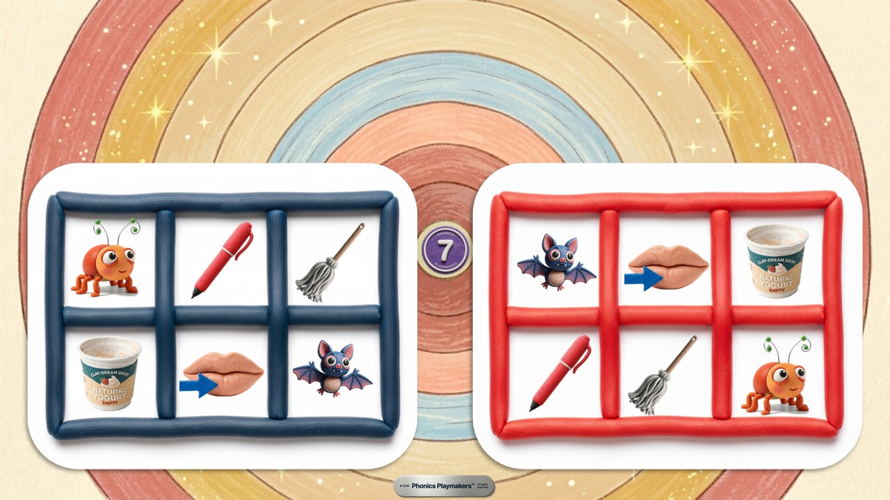 Ending Sounds round — two teams race to spot the picture ending in the called sound, choosing from cat, bus and dog