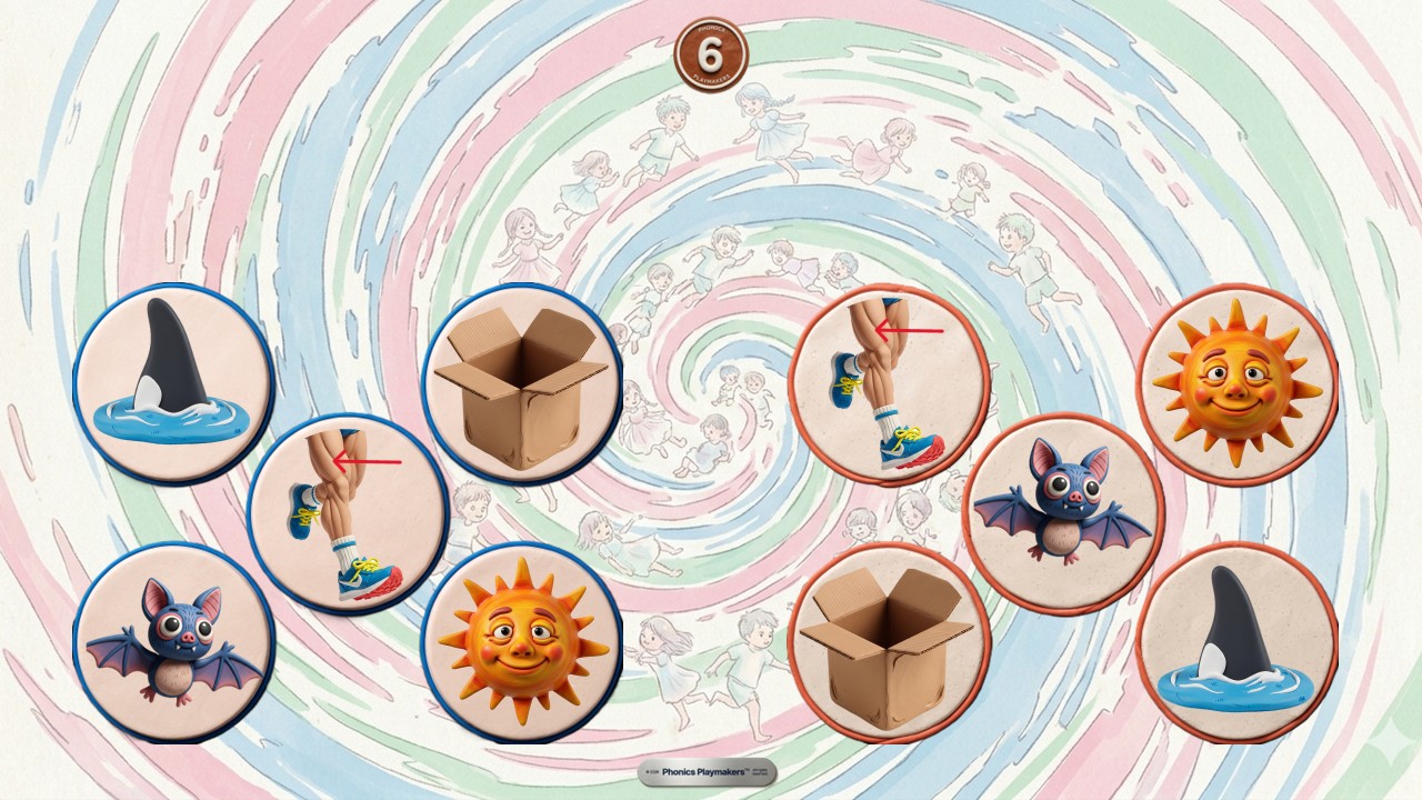 Vowel Sounds round — two teams race to spot the picture with the called vowel sound inside it