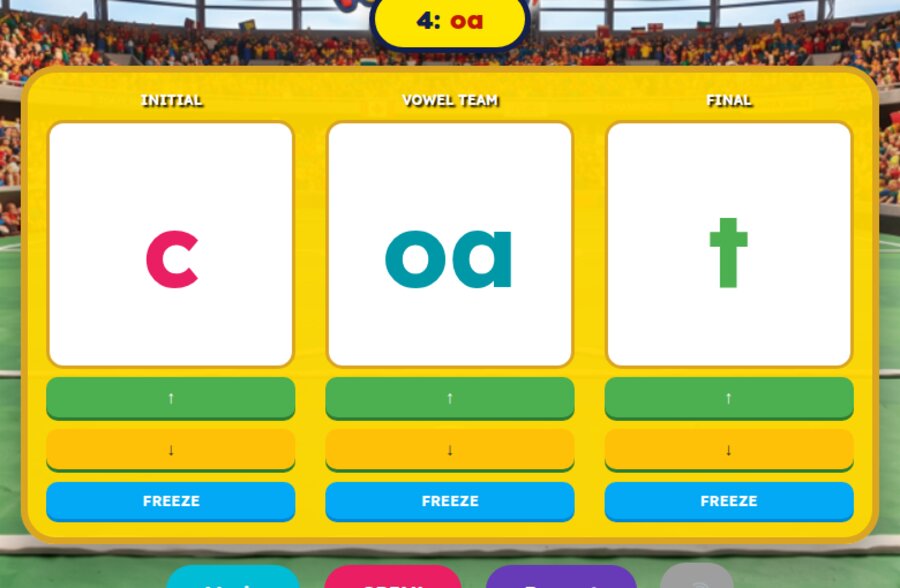 Vowel Teams Spin Game showing the word coat using the oa vowel team