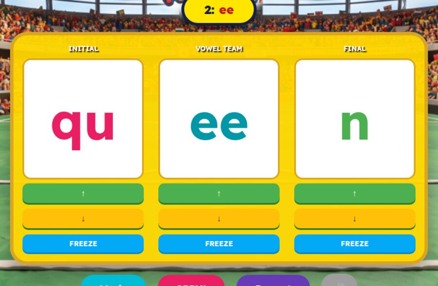 Vowel Teams Spin Game showing the word queen using the ee vowel team