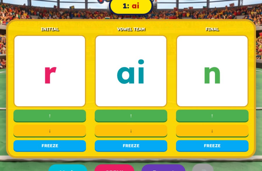 Vowel Teams Spin Game showing the word rain using the ai vowel team