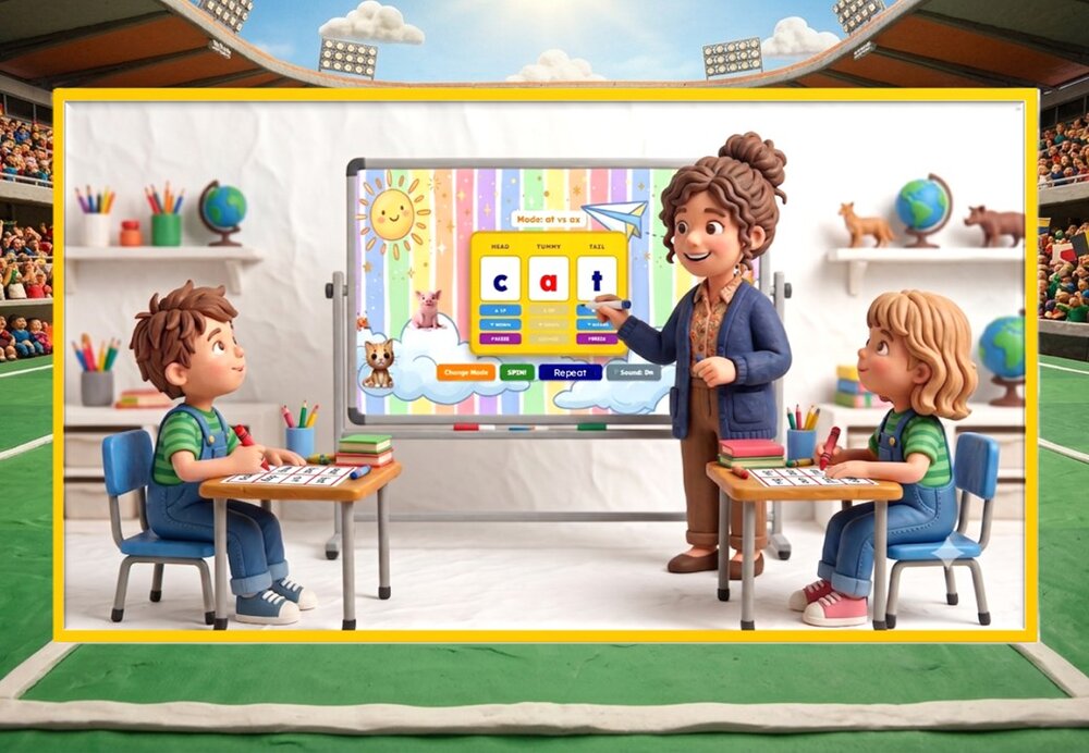 Children playing a Vowel Teams whiteboard game with letter tiles