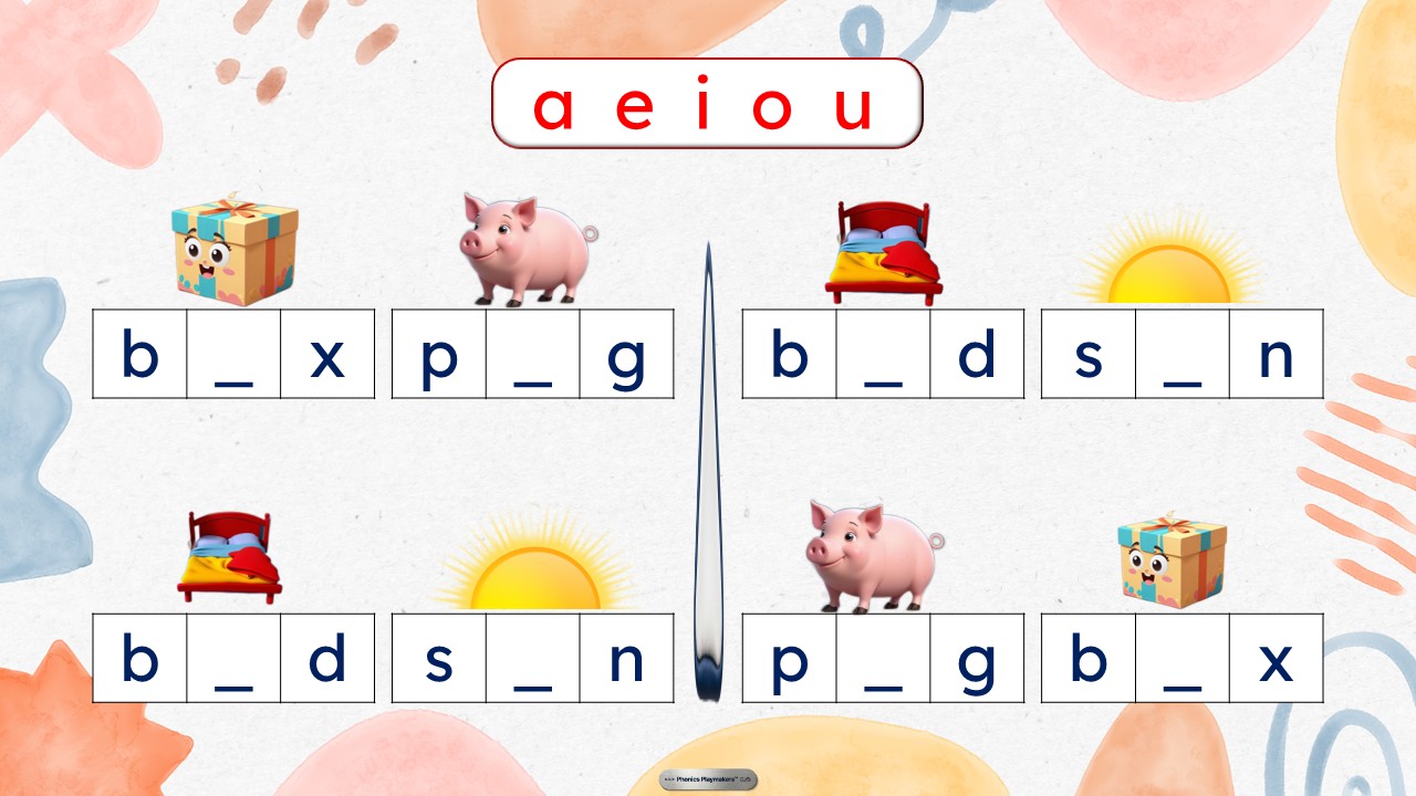 Vowel sounds round — children fill in the missing middle letter of each CVC word